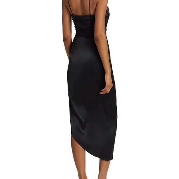 WAYF “Delaney” Asymmetric Satin Midi Dress with Ruched Bodice in Black – Size Me - Picture 4 of 7